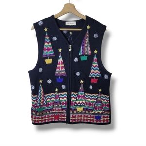 Bechamel Holiday Sweater Vest Embroidered Trees Zip Front Size Large